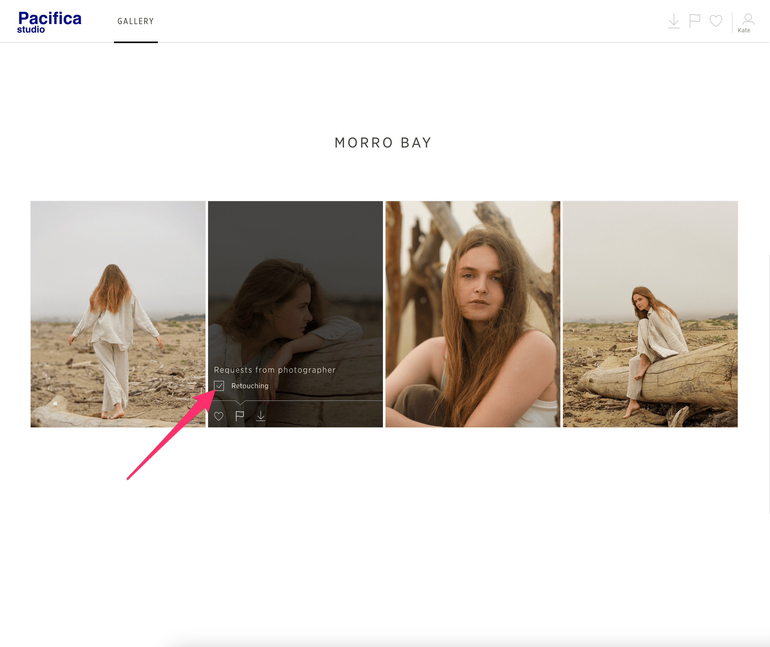 Proofing gallery view with the retouching checkbox inside the flag menu